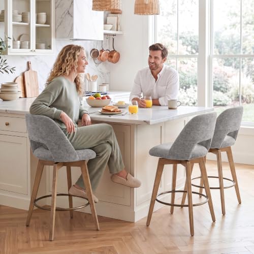 Image of Zesthouse Swivel Counter Height Bar Stools Set of 4, 26 inch Wooden Bar Stools with Back & Weathered Wood Legs, Upholstered Linen Fabric Barstools, Vintage Farmhouse High Chairs for Island Kitchen, Grey