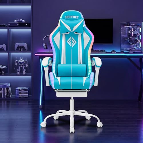 Image of RGB Gaming Chair with LED Lights Massage Game Chair with Footrest Ergonomic Computer Chair High Back Video Game Chair with Adjustable Lumbar Support Linkage Armrest Blue and White