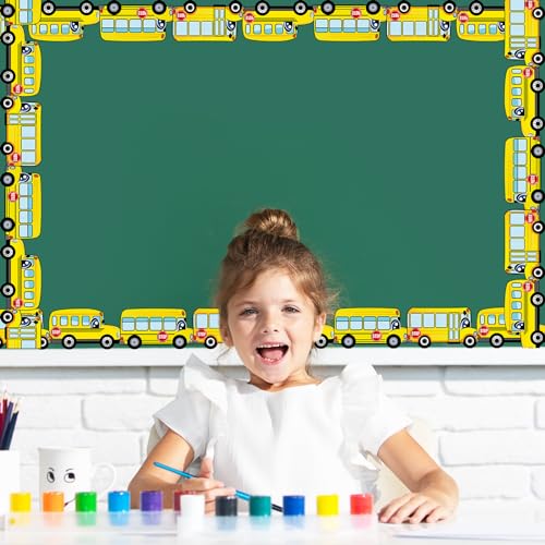 Image of Whaline 32.8 Ft School Bus Bulletin Board Borders Yellow Cartoon Bus Die-Cut Rolled Border Trim for Back to School Classroom Home Chalkboard Decoration