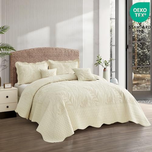 Image of Bedspread oversized,King 120x118,Beautiful Leaf Stitching,5 PC, Ivory