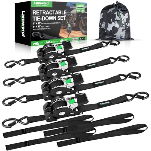 Retractable Ratchet Straps (4-Pack) - 1 Inch x 10 Feet (1,650lb Break Strength) - Heavy Duty Auto Self Retracting Tie Down Straps for Motorcycle, ATV, UTV, Truck, Cargo Trailer - Black