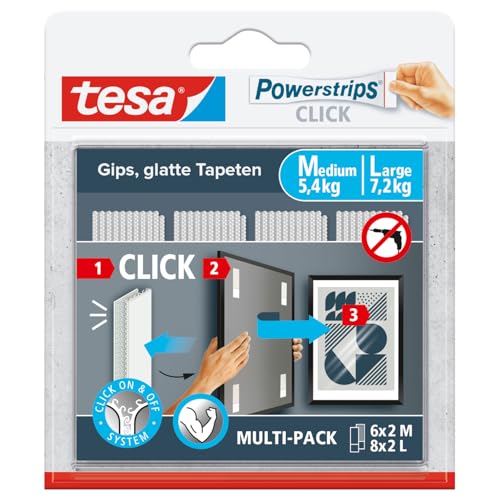 tesa Powerstrips CLICK Pastilles adhésives à scratch - 6 x 2 M, 8 x 2 L