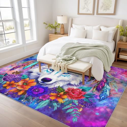 Alfombra de dormitorio de lobo blanco y bosque colorido, tapete de franela para suelo interior 3
