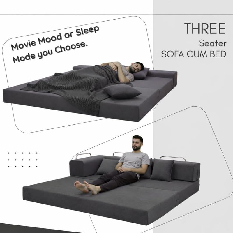 Image of Adorn India Easy Premium Modular 4 Seater Sofa Cum Bed | Velvet Suede Fabric | Colour Dark Grey | Modern Design | Size 6x6 Fit | Comfortable for Seat & Sleep | Washable Cover | Perfect for Home