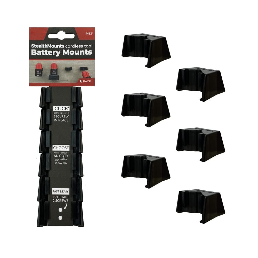 Stealthmounts Black Battery Holder Compatible With Milwaukee M12 (6 Pack) - | Battery Mounts | Made In The Uk Size 6