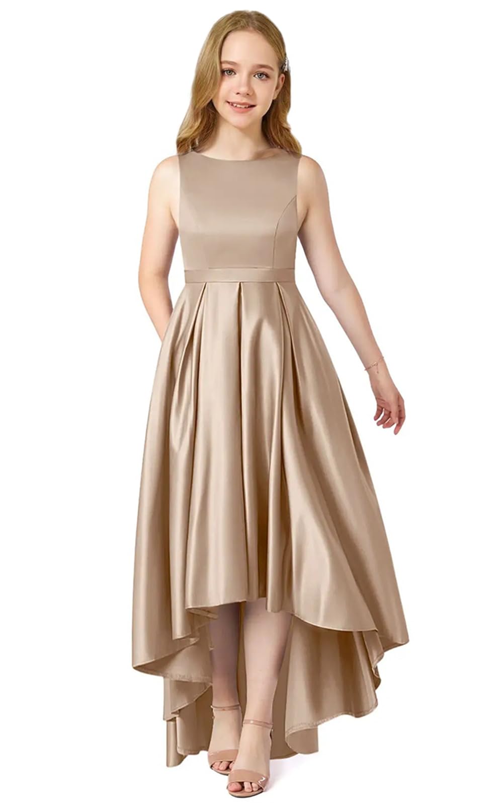 Augday 2025 Stretch Satin Junior Bridesmaid Flower Girl Dresses Boat Neck, High-Low with Pocket for Weddings,Prom