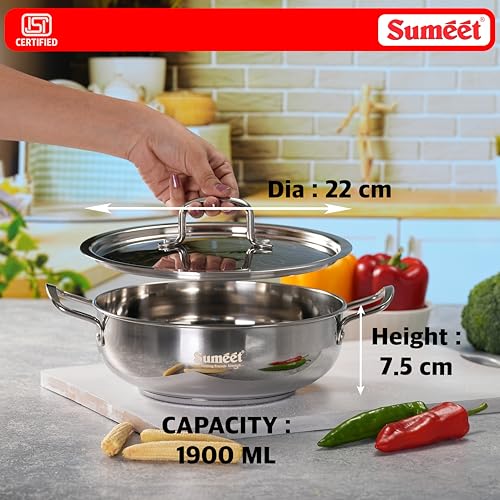 Image of Sumeet ISI Certified Stainless Steel Kadai with Steel Lid & Encapsulated Heavy Bottom |Induction and Gas Compatible | 1.9Ltr Capacity - 22cm Dia, Silver
