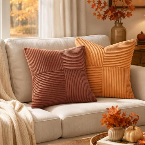 Image of MIULEE Fall Rust Boho Decorative Throw Pillow Covers 20x20 Inch for Couch Bed Sofa Pack of 2, Terracotta Farmhouse Earth Tones Home Decor, Soft Corss Corduroy Patchwork Textured Cushion Cases