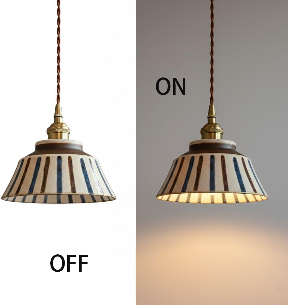 Lampada a sospensione in ceramica retrò in ottone, luce a strisce
