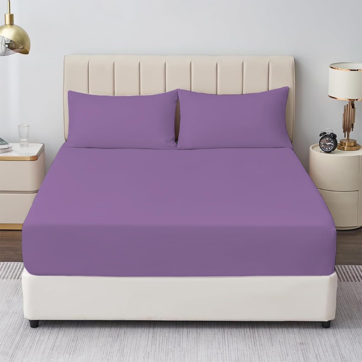 Rohi Lilac Rohi® Double Fitted Sheet With Two Pillowcases – 25Cm Depth – Pure Polycotton Plain Bedding (Double Fitted Sheet & Pillowcases, )