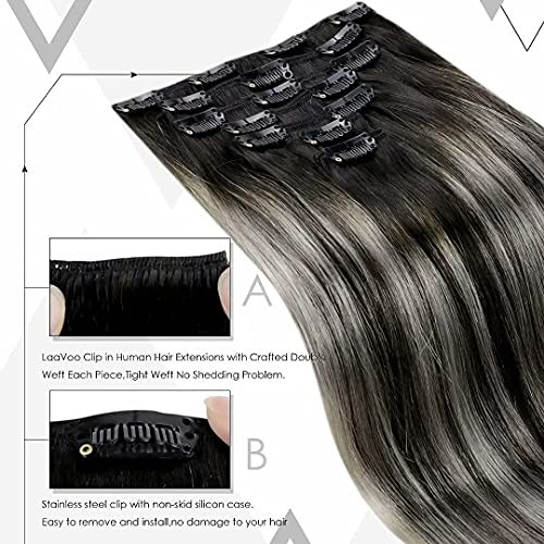 Image of LaaVoo Clip in Hair Extensions Real Human Hair Ombre Natural Black to Silver Grey with Black Remy Human Hair Extensions Clip ins Balayage Clip in Hair Extensions Long Straight 20 Inch 7Pcs 120g