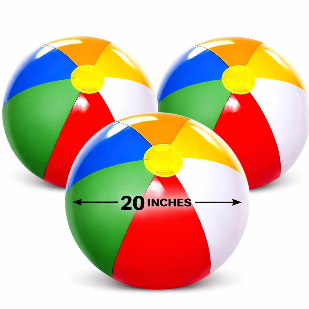 Beach Balls [3 Pack] 20" Inflatable Beach Balls for Kids - Pool Games Toys for Kids & Toddlers, Classic Rainbow Color, Easter Outdoor Yard Games