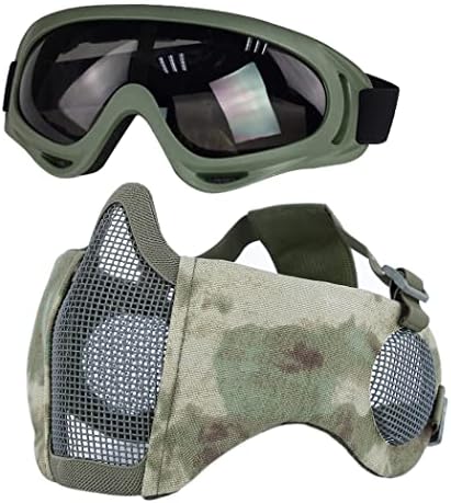 Airsoft Mask with Goggles, Foldable Half Face Airsoft Mesh Mask with Ear Protection for Paintball Shooting Cosplay CS Game