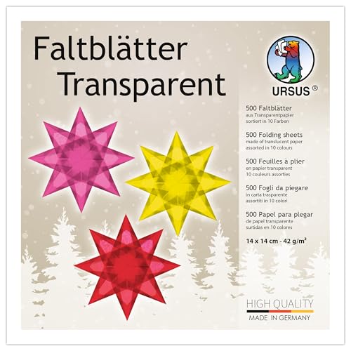 Ursus 2646199 - Faltblätter Transparentpapier, ca. 14 x 14 cm, 42 g/qm, 500 Blatt, sortiert in 10 Farben, durchgefärbt, ideale Grundlage für kreative Bastelarbeiten