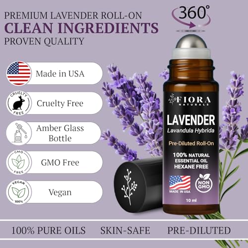 Image of Lavender Essential Oil Roll On - Pre-diluted Calming Lavender Oil for Relaxation, Sleep & Skin Care, Aromatherapy Roller, Lavender Roller Ball, Calming Gifts for Women, Men By Fiora Naturals