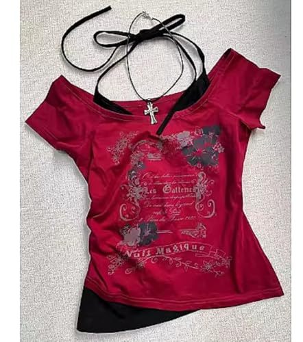 Baby Tee Y2k Women Grunge Top Emo 2000s Vintage Fake Two Piece Short Sleeve T Shirt Crop Tops Teens2