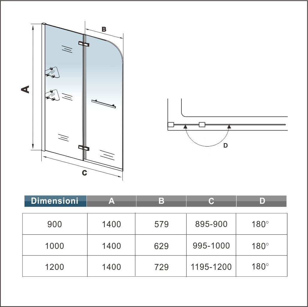 Mato Sopravasca H.140cm Parete Doccia Per Vasca Girevole inclusi Due Ripiani Vetro Temperato Trasparente 5 mm Maniglia Porta Asciugamani 90 cm