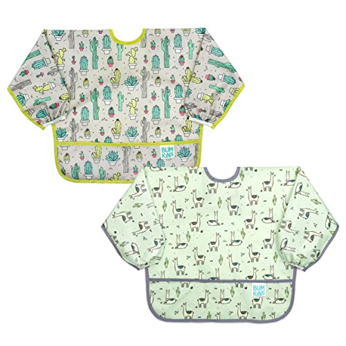 Image of Bumkins - Sleeved Bib - For Boys & Girls, Babies & Toddlers 6-24 Months - Lightweight, Durable, Waterproof - Long Sleeve Bib - Catch-All Pocket - Wipeable & Machine Washable - Cactus & Llama - 2 Pack
