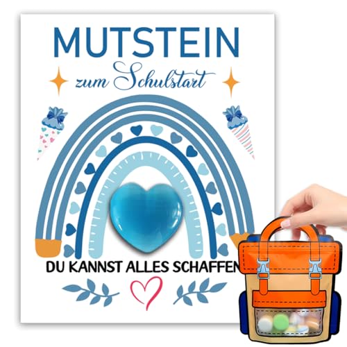 Einschulung Glückssteine,Schulkind Mutstein,Mutstein für Kinder Einschulung,Glücksbringer Schulanfang,Glücksstein Kinder - Mit Schulranzen-Tasche & Karte zum Aufbewahren für die Schultasche (Blau)