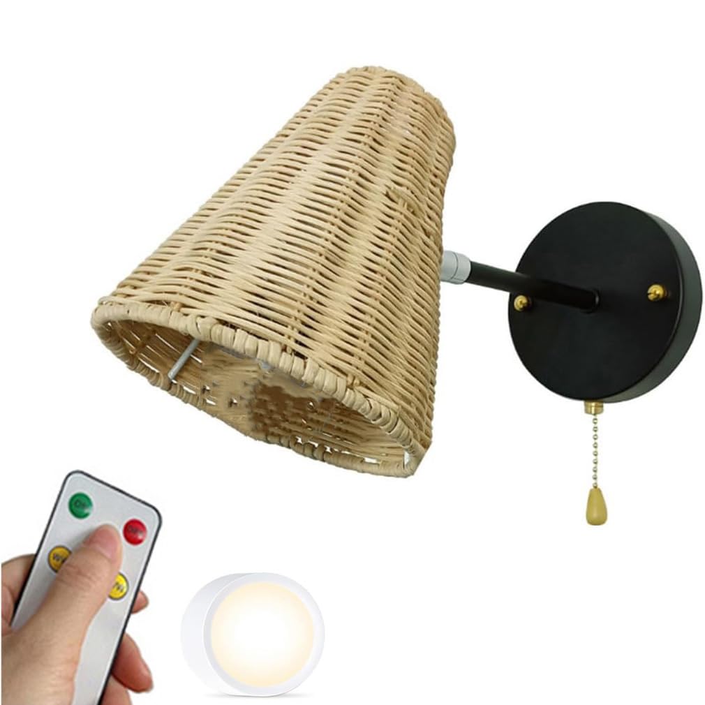 PZAOJAU Boho Rattan Wall Sconces Battery Operated Dimmable LED Bulbs Remote Control Battery Powered Wireless Wall Light Woven Bamboo Wall Lamp For Bedroom Bedside Living Room Farmhouse Headboard
