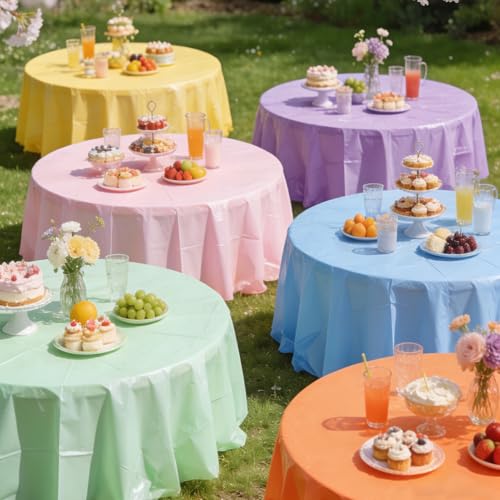 Image of CIEOVO 12 Pcs Round Spring Easter Tablecloths, Plastic Pastel Color Table Cloths Plastic Disposable Tablecloth Pastel Table Cover for Spring Easter Birthday Wedding Baby Shower Party Decorations
