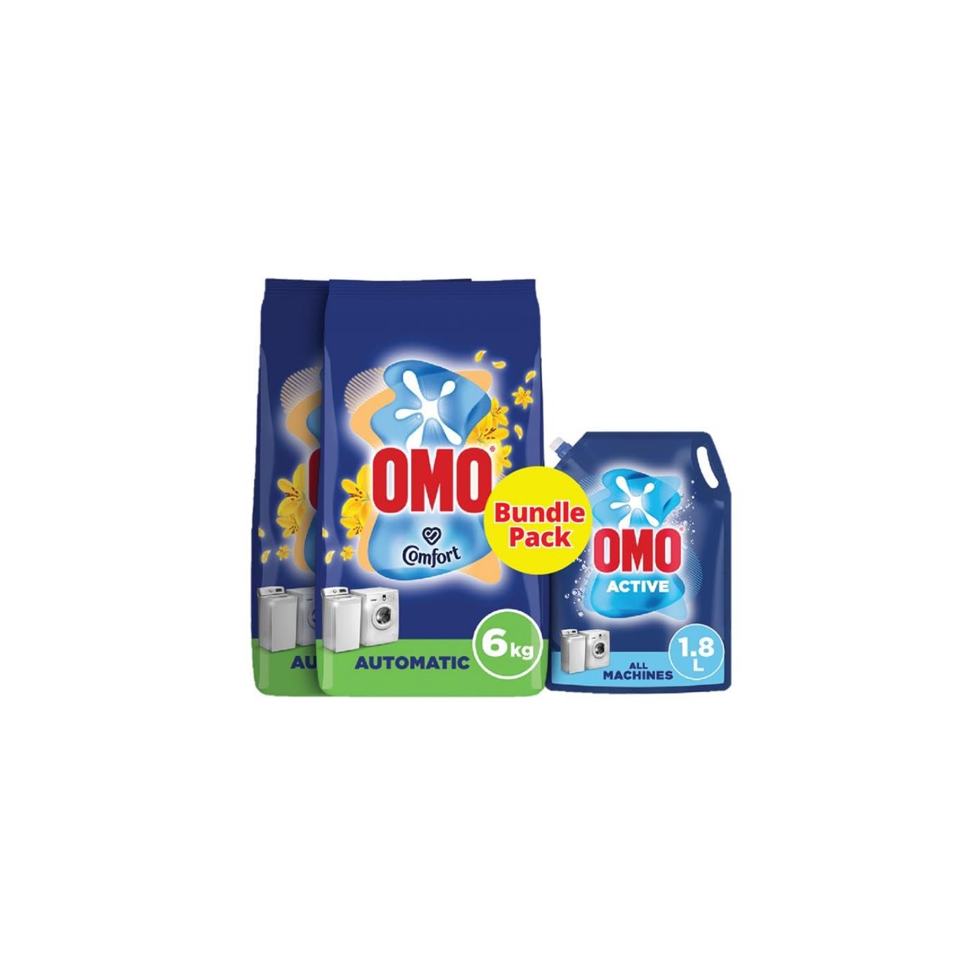 OMO Automatic Laundry Detergent Powder, Touch of Comfort, 100% stain removal in 1 wash*, 6 Kg x 2+ OMO Liquid Laundry Detergent, Active, 100% stain 1.8 L Packaging may vary