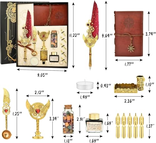 Image of PLUSPOINT Vintage Quill Pen & Ink Set Elegant Writing Luxury Fountain Calligraphy Ink Pen Set with Diary Wax for Stamp Retro Decor Dip Pen Office Stationery Corporate Gifting for Signature,Multicolor