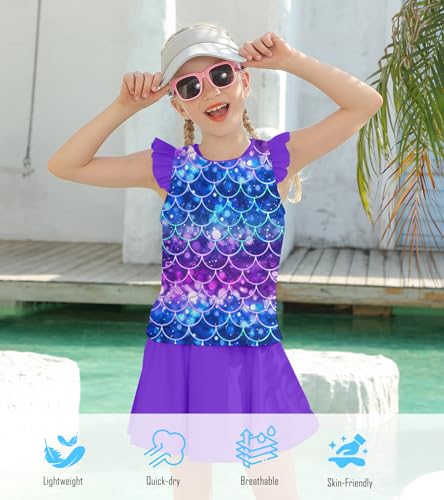 Image of Girls Swimsuit 2 Piece Ruffle Bathing Suit UPF 50+ Tankini Swimsuit Skirt with Lining Size 3-10