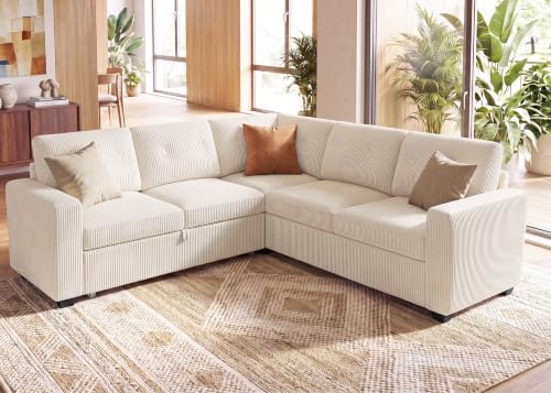 Image of HONBAY Corduroy Sectional Sleeper Sofa with Pull Out Bed, 5 Seaters 83.4 Inch Setional Couch for Living Room Apartment, Beige