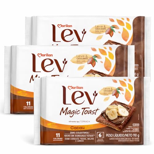 KIT 3 Marilan Lev Magic Toast Cacau 110g | Torrada Leve Crocante Zero Colesterol | Snack Baixo Teor Gorduras Cereais Trigo Milho Arroz | Lanche Prático 11 Calorias Unidade