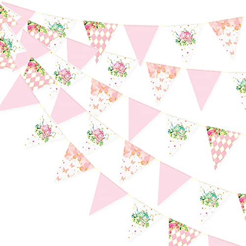 Image of Spring Tea Party Decorations Pink and Gold Floral Flower Butterfly Teapot Teacup Plaid Paper Triangle Flag Pennant Banner Bunting for Spring Birthday Wedding Bridal Baby Shower Engagement Tea Party