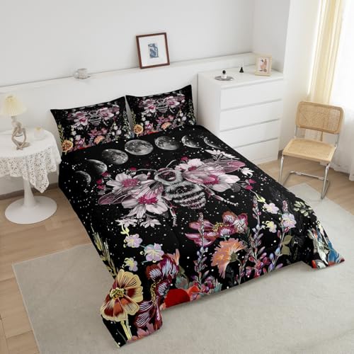 Image of Moon Bee Wildflower Decor Bedding Set for Kids Boys King Size, Girl Bohemian Comforter Set Plant Garden Herbs Leaves Cute Moon Phase Comforter Botanical Floral Soft Quilt Set with 2 Pillowcases