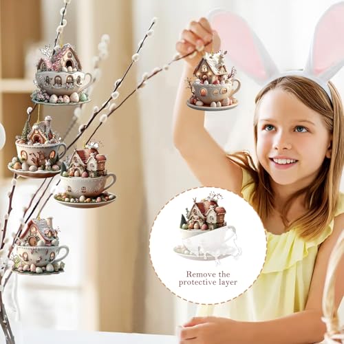 Iamred 5 Stück Ostereier Hasenhaus Tasse Anhänger, Eierhaus Osterbaumschmuck, Osterdeko Baumschmuck Flaches Haus, Ostereier Ornamente Anhänger 2D Acryl Ostern Deko Fenster für Innen Draußen
