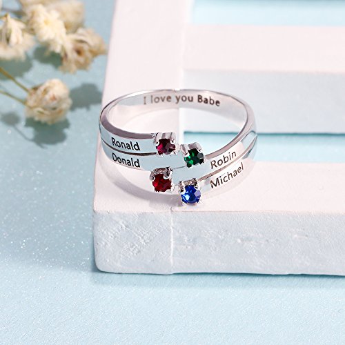 Love Jewelry Personalized Sterling Silver Mothers Rings with 4 Simulated Birthstones Custom 4 Names Family Promise Rings for Women 5