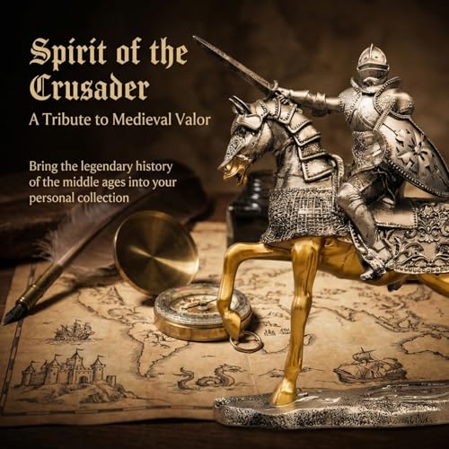 YANTIANCAI Medieval Knight Statue with Sword & Shield - Antique Silver & Gold Armored Crusader Figurine - Resin Warrior Sculpture for Bookshelf, Office Desk & History Buff Gifts (11 Inches Tall) - image 7