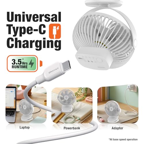 Image of Orient Electric Orbis Rechargeable Personal Fan | 360 Rotation | 1800 mAh Battery | 4 Speed Modes with Timer | Quiet Operation | USB Type-C Charging | Clip-On Mini Fan | Cloud White