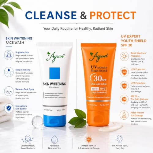 Image of Aysun Premium Daily Skincare Essentials | Skin Brightening Face Wash for Deep Cleansing & UV Expert Youth Shield Sunscreen SPF 30 with UVA /UVB Protection | Lightweight Formula | Healthy, Radiant & Protected Skin | Combo Pack Of 2