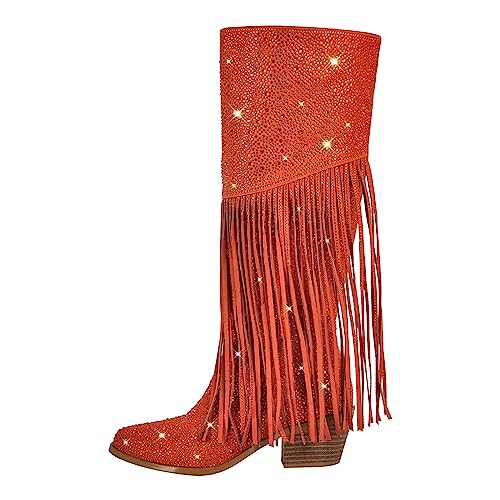 VERISSON Women's Rhinestone Tassel Western Knee Boots Almond Toe Middle Heels Crystal Cowboy Boots