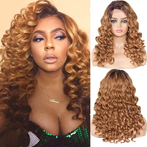 YIROO Ombre Blonde Loose Curly Lace Front Synthetic Wigs for Women 20 inches With Natural Hairline 2 Tones 4/27 Color Deep L Part Hair Glueless High Density Wig (20 inches, OT4/27)