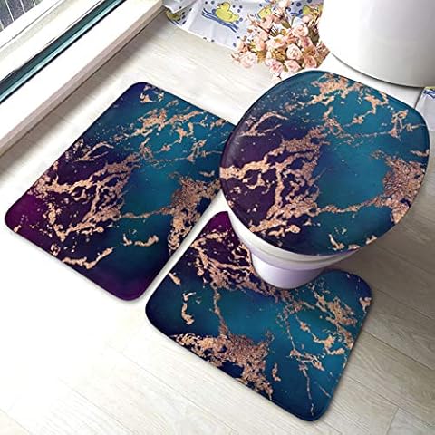 Meiya-Design Marble Luxe Decor Dark Purple And Teal With Gold Bathroom Rug Mats Set 3 Piece - Soft Shower Bath Rugs - Contour Mat and Toilet Lid Cover - Perfect Combination of Luxury and Comfort Cover