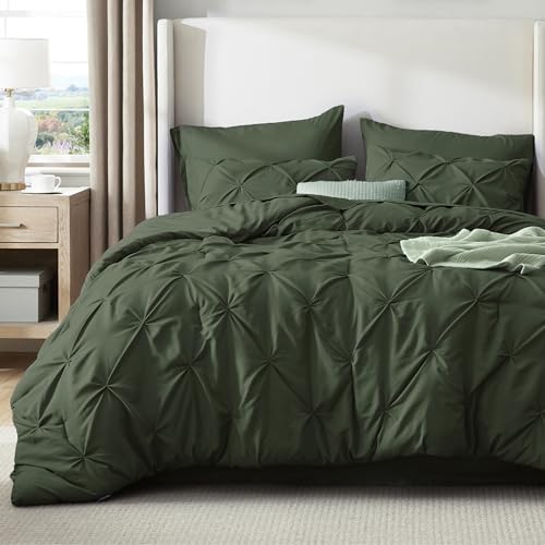 Image of Bedsure Oversized King Comforter Set Olive Green - Bed in a Bag Bedding Set 7 Pieces, GentleSoft Pintuck Bed Set Gift for Family, Pinch Pleat Olive Green Comforter with Sheets, Pillowcases & Shams