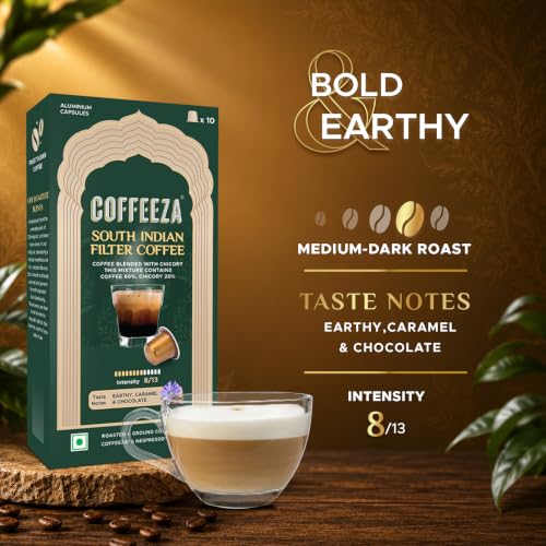 Image of Coffeeza South Indian Filter Coffee Capsules | 80% Coffee 20% Chicory Blend | Intensity 8 | Medium-Dark Roast | Caramel, Chocolate & Earthy Notes | Original Line Compatible Pods (Box of 50 Capsules)