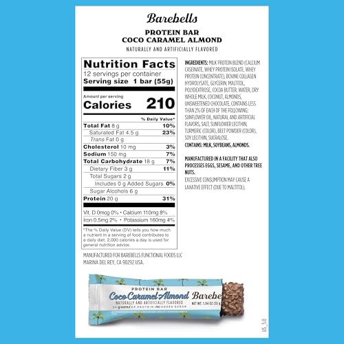Image of Barebells Protein Bars Coconut Caramel Almond - 12 Count, 20g High Protein Treats - Chocolate Nutrition Bar with 1g Total Sugars - On-The-Go Breakfast or Post-Workout Snack