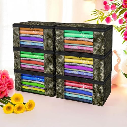 Image of Kuber Industries (Pack of 6) Saree Covers | Foldable Storage Bag for Almirah & Wardrobe | Non-Woven Saree Bags (9 Inch) Clothes Bag for Women (Golden Dot) Sari Cover Bags | Black