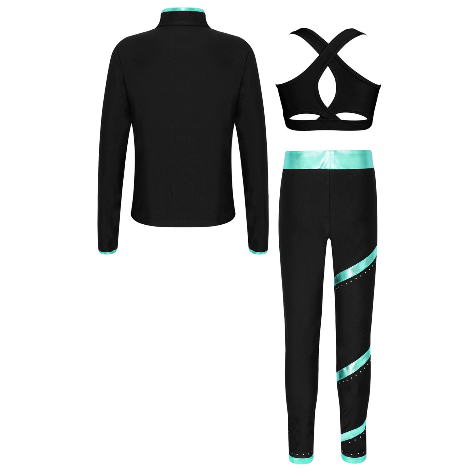 Oyolan Enfant Fille Ensemble Veste Patinage Artistique et Pantalon Strass Brillant Tenue Gymnastique Danse Entraînement 5-16 Ans Bleu vert 11-12 ans