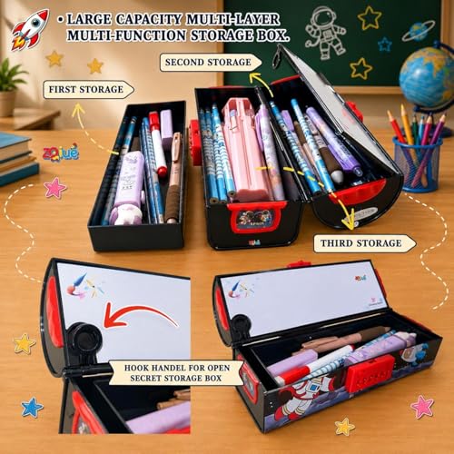 Image of Space Man Compass Box for Kids | Space Astronaut Printed Pencil Box with Number Lock | Large Capacity Stationery Storage Case for School Boys & Girls | Multipurpose Pencil Case