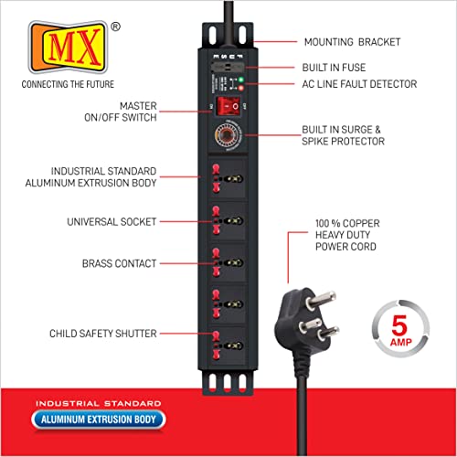 Image of MX Universal Socket Extension Board with Child Safety Shutter Power Strip Wall /Desk Mount Heavy Duty Alumminium Extrusion Body (5-outlet universal spike protector 1.5 MTR)