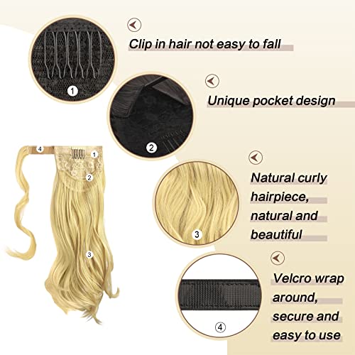 Sofeiyan Curly Ponytail Extension 15 Inch Heat Resistant Synthetic Natural Wavy Hairpiece Wrap Around Pony Tail Hair Extensions For White Black Women Hair Piece, Butter Blonde #TOP4