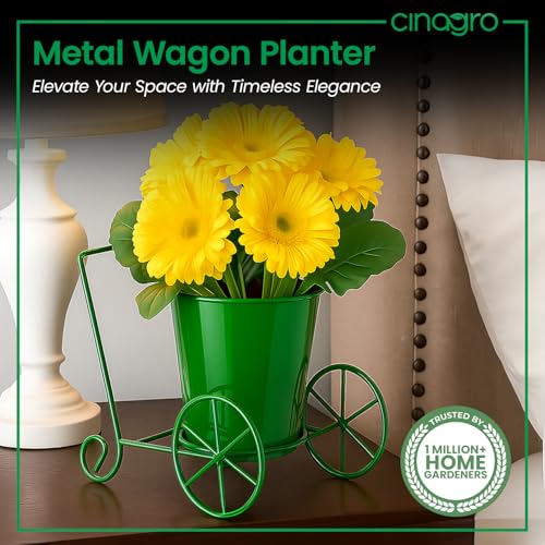 Image of CINAGRO Metal Wagon Planter, Green Pram Rickshaw-Shaped Metal Plant Stand for Indoor & Outdoor Use, 2 Wheel Pot Stand, Flower Vase, Decorative Iron Pot Holder for Flowers & Ornaments, 27 x 13 x 21 cm