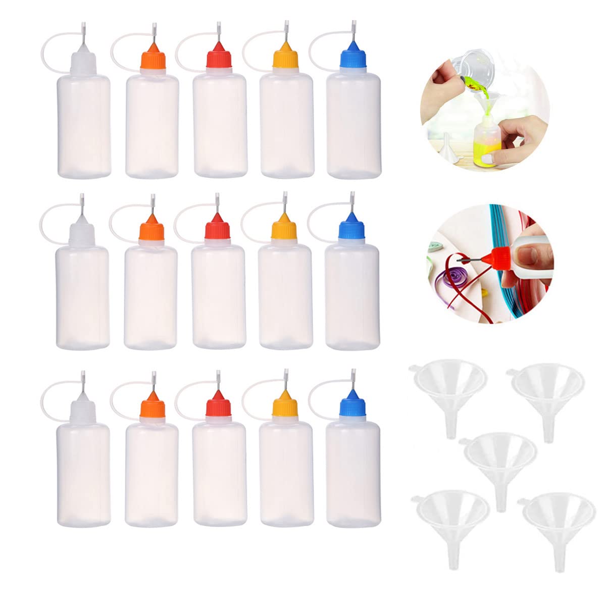 SKYPRO 15 PCS 30ml Empty Glue Bottle with 5PCS Mini Funnels, Plastic Applicator Bottles with Needle Tip Caps for Glue, Liquid, Oil, DIY Craft, Acrylic Painting (Multicolor)